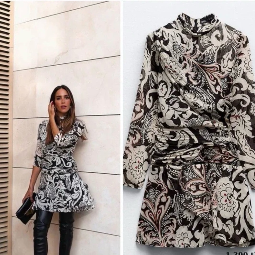 Zara Black and Cream Paisley Long Sleeve Dress